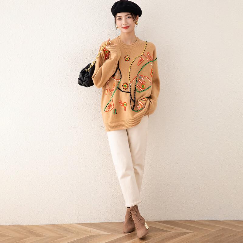 TUHUANG Women's Thickened Pure Wool Embroidered Beaded Round Neck Sweater
