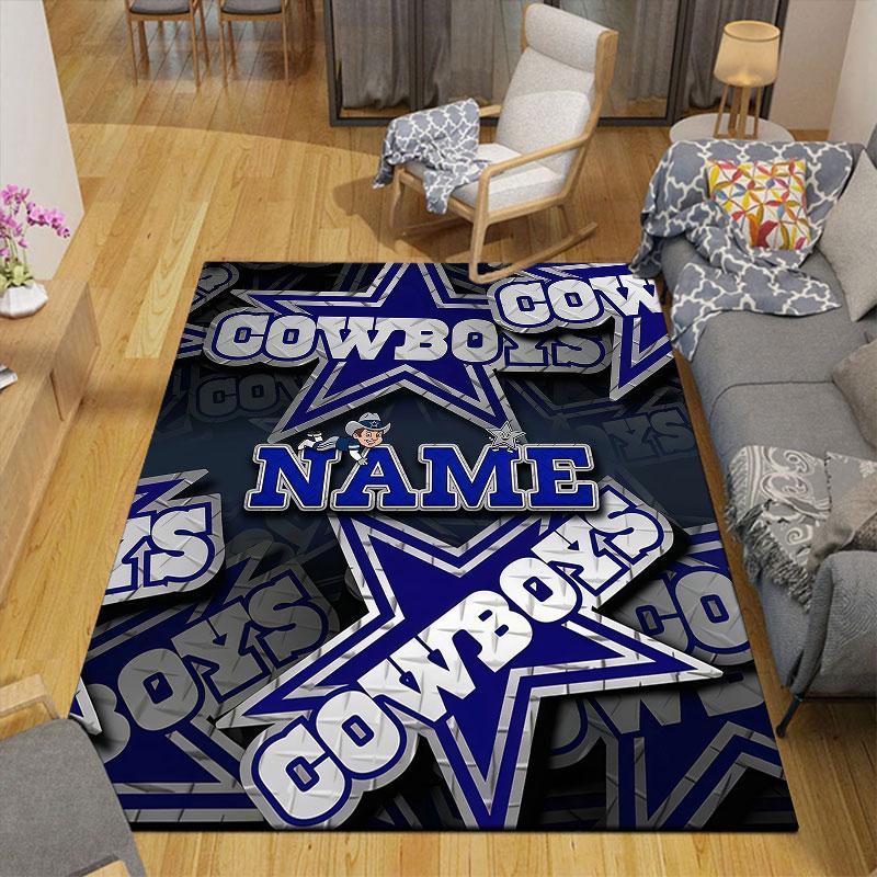 Custom Name,Dallas Cowboys Home Sofa Decoration for Living Room & Bedroom, Non‑Slip Play Flannel Floor Mat for Game Room
