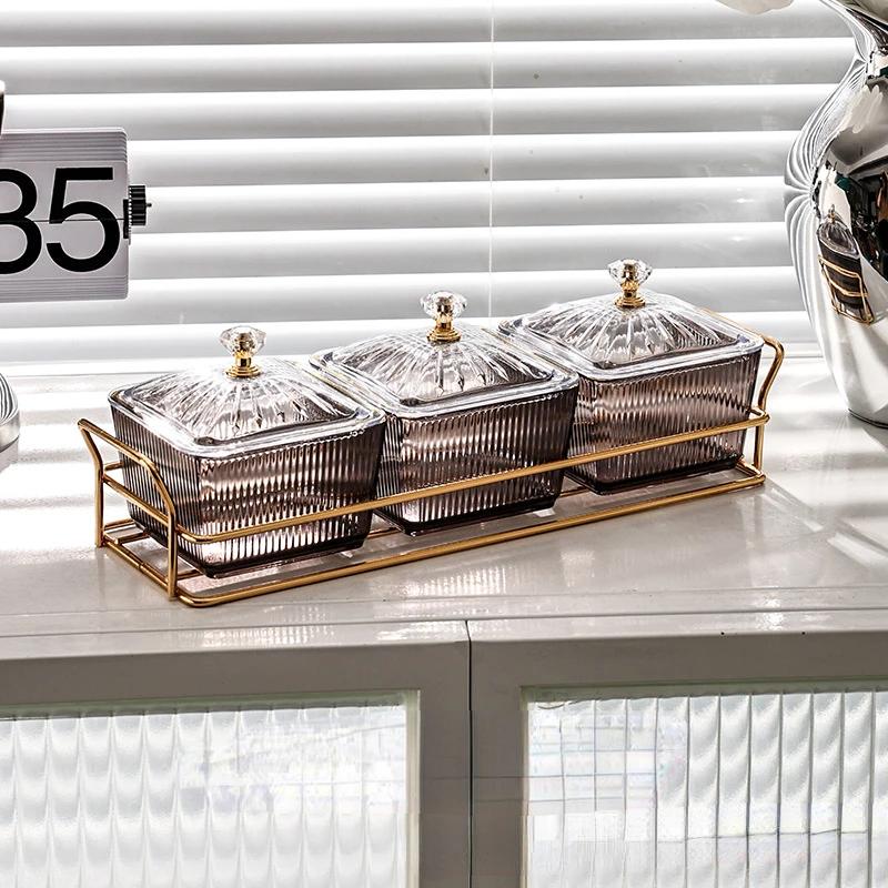 Transparent Square Dessert Jar Dish Grid Dried Fruit Salad Plate Snack Dishes Food Storage Preserved Tray Box Lid Bowl Tableware