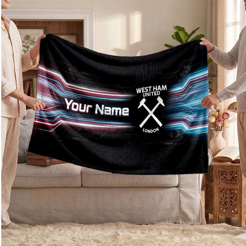 West Ham United football Personalized Fleece Blanket With Football Logo, Custom Name Text Soft Warm Home Throw Blanket