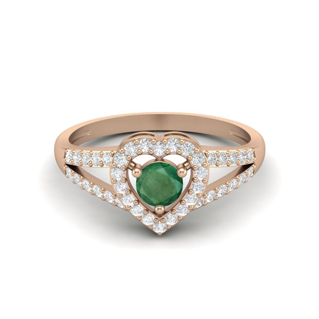 1.05 Cts Round Emerald Heart Shape 925 Sterling Silver Rose Vermeil Split Shank Women Wedding Ring