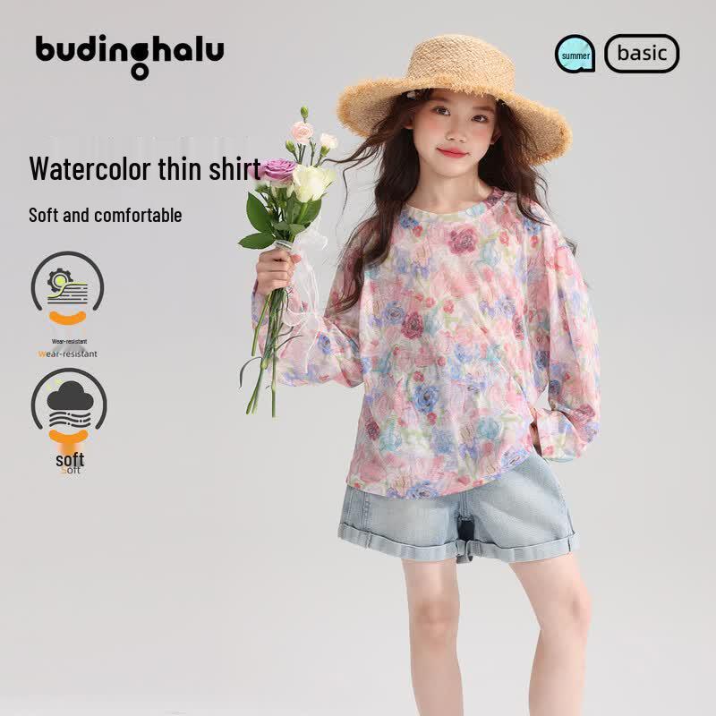 Buding Haru Girls  Watercolor Floral Long-Sleeved T-Shirt 140 розовый