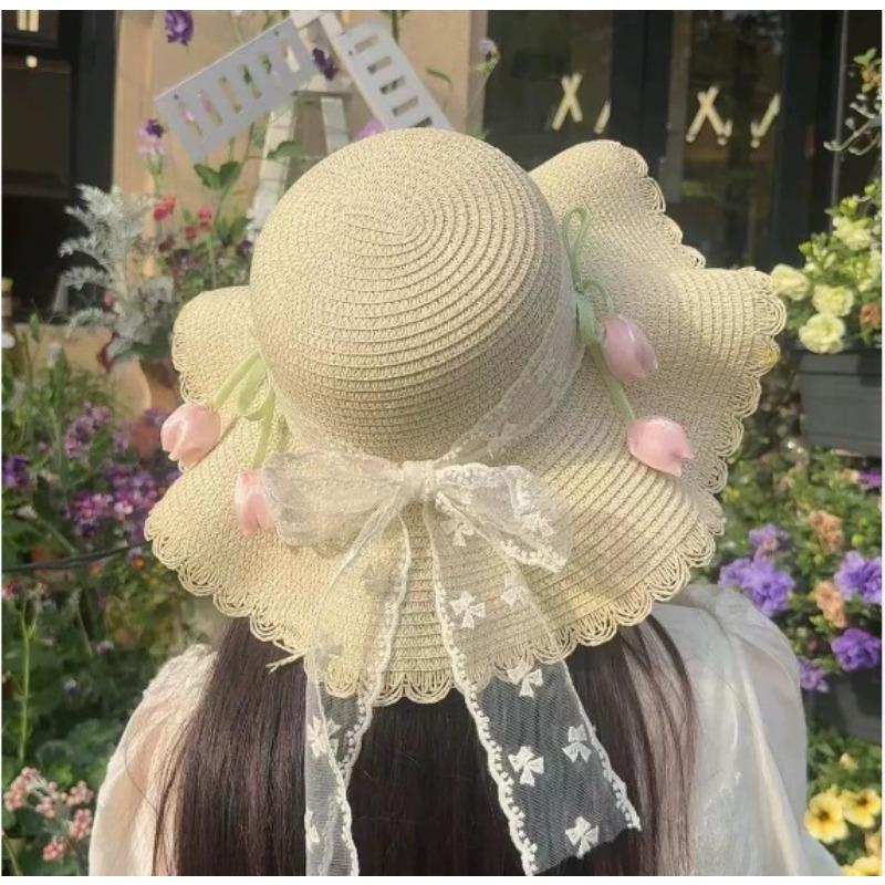 Big Brim Sun Hat Seaside Beach Idyllic Forest Bow Streamer Straw Hat Female Summer Flower Tulip