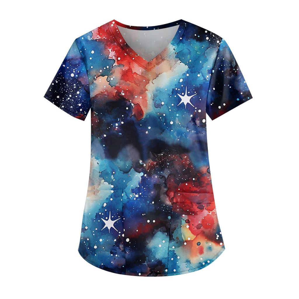 Damska odzież robocza z nadrukiem na Dzień Niepodległości, dekolt V, podwójna warstwa, kieszenie, podstawowy top z krótkim rękawem, bluza