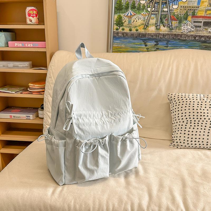 Simple Solid Color Female Backpack Double Pocket Drawstring Light Student Cute Travel Bow Joker College Student Bag