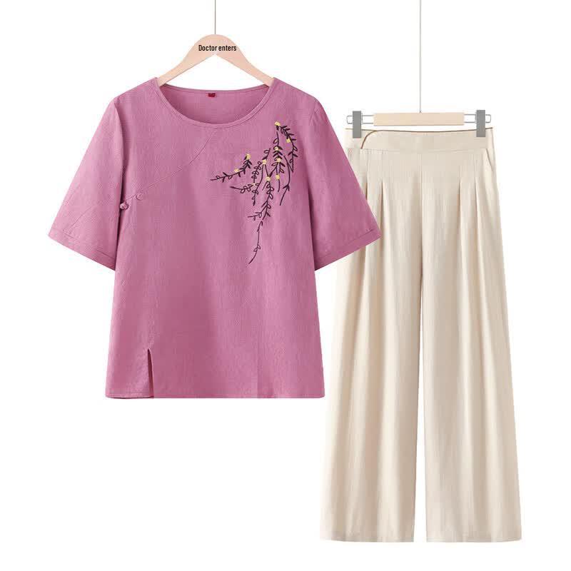 Elderly Women s Summer Short-Sleeve Top & Pants Set 3XL