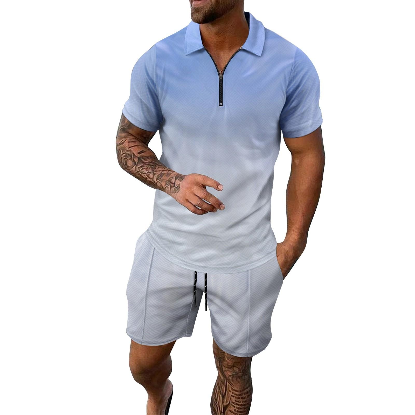

Мужской летний костюм с короткими рукавами и короткими шортами на молнии с принтом, мужской повседневный спортивный костюм XL небесно-голубой