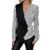 2025 Autumn Women's V-Neck Stripe Patchwork Waist-Cinching Long Sleeve Top