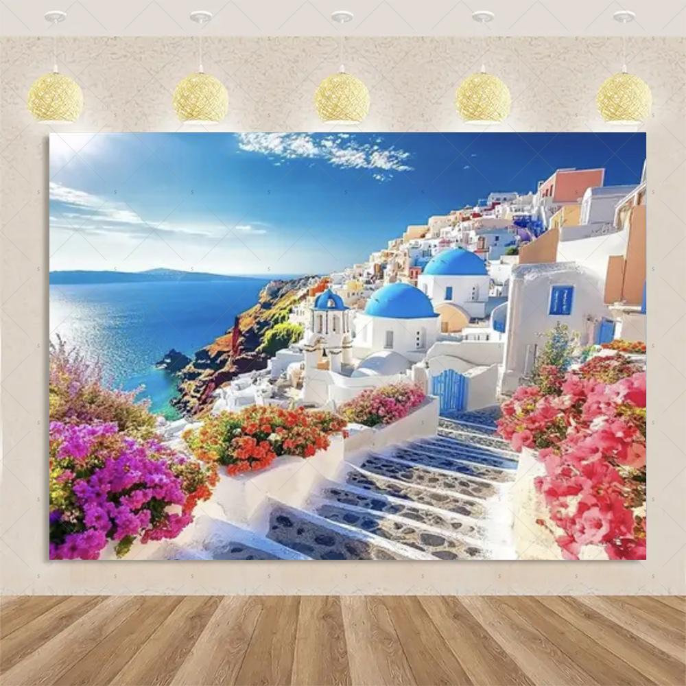 Nordische Griechische Landschaft Hausparty Dekorationen Inselstadt Santorin Blaue Kuppel Kirche Ägäis von Santorin Fotografie Hintergrund