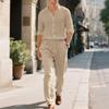 European Men's Linen Long-Sleeve Lapel Shirt & Trousers Set - Breathable Cotton Linen Two-Piece with Belt.