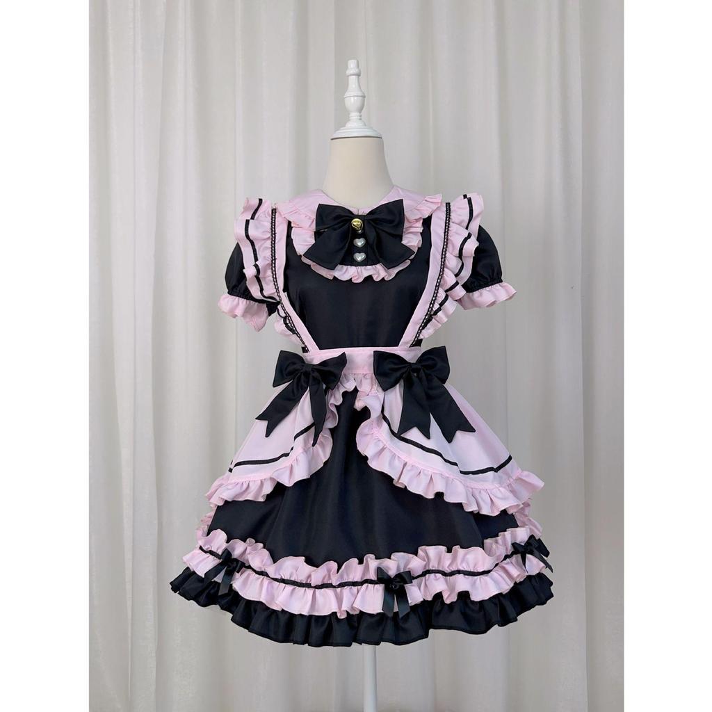 New Japanese Lolita Black Pink Maid Costume with Cute Cat Bow