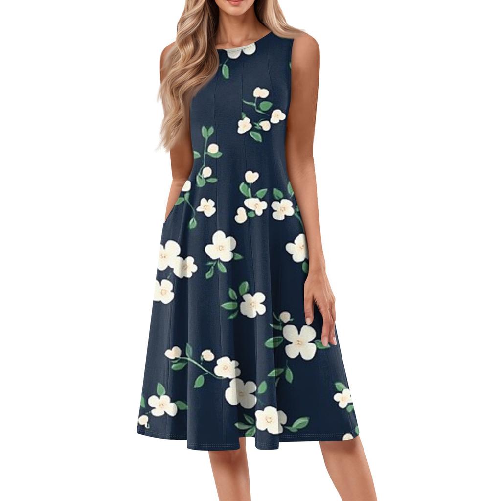 Women's Casual Fashion Floral Print Round Neck Sleeveless Midi Dress