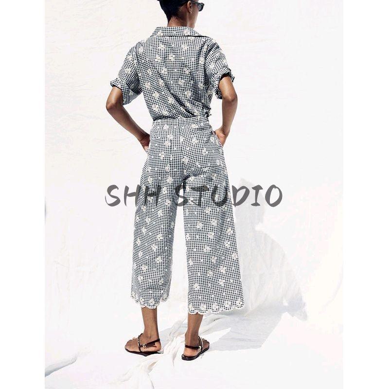 Cut Out Embroider Decorative Long Sleeves Lapel Shirt 3409930 Small Plaid Wide Leg Casual Trousers 3400930
