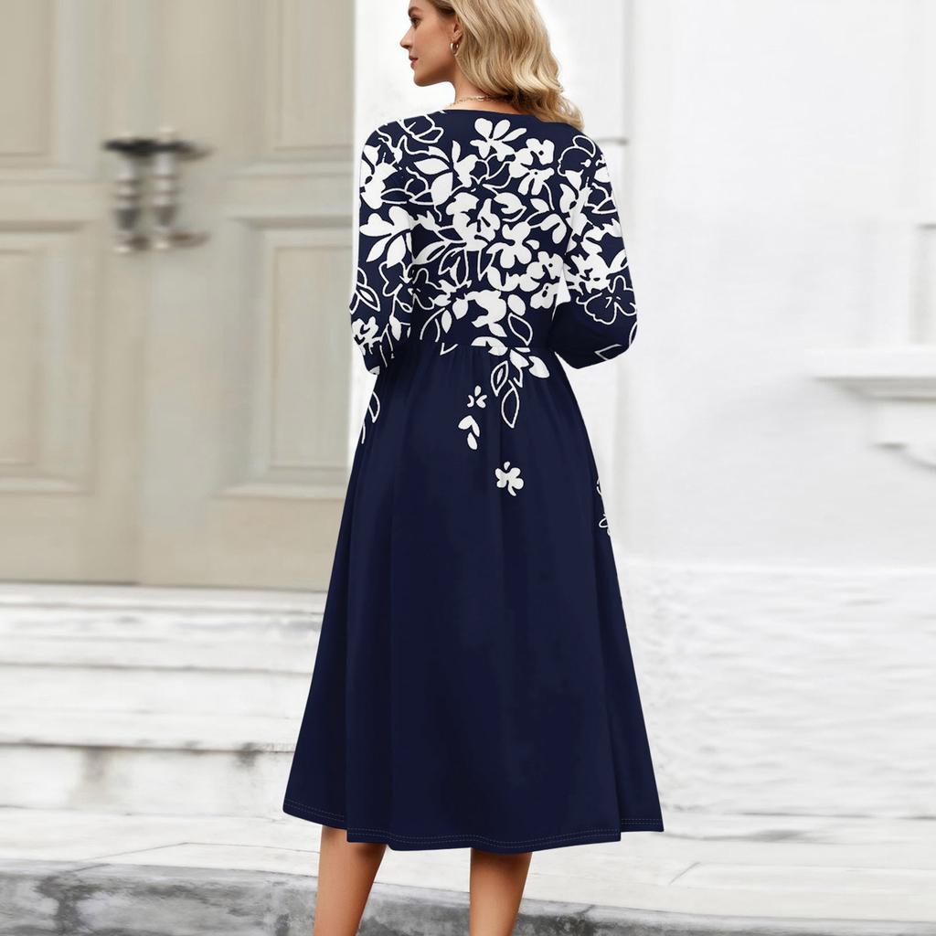 3/4-Ärmel Damenkleid Lässig Fließend A-Linie Midi T-Shirt Kleider mit Taschen Rundhalsausschnitt Urlaub Boho Strand Sommerkleid