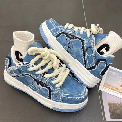 Ins Style Broken Denim Sapatos Masculinos Retro Fundo Grosso Tênis Sapatos de Placa