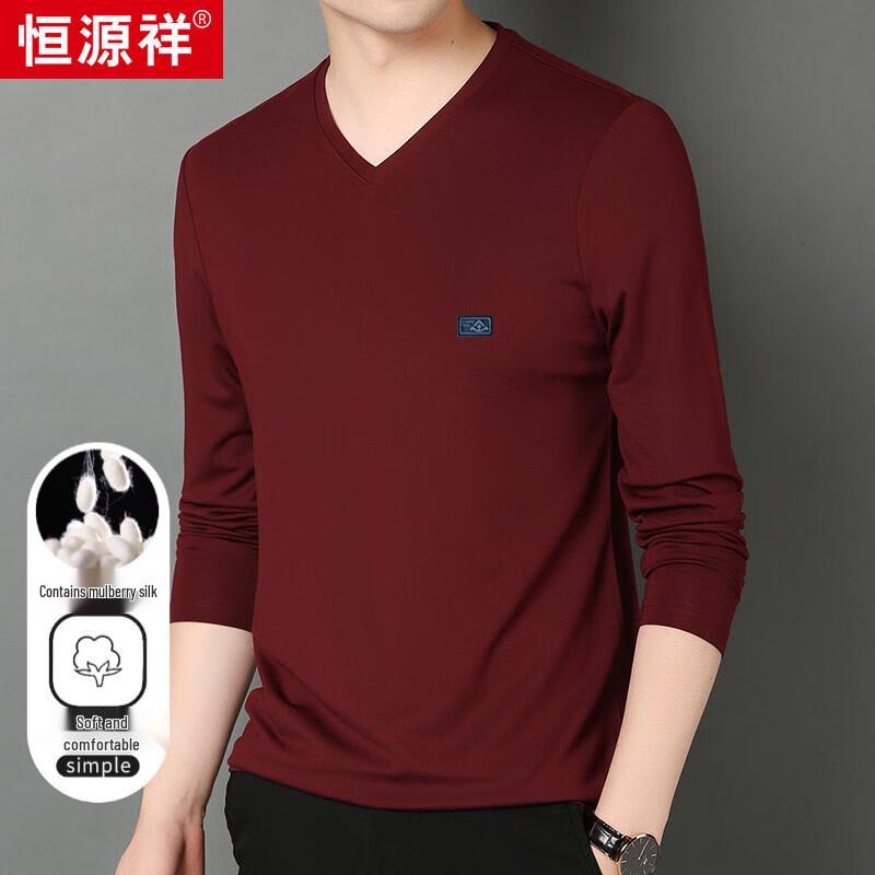 Hengyuanxiang Men's V-Neck Long Sleeve Silk Blend T-Shirt HJ152
