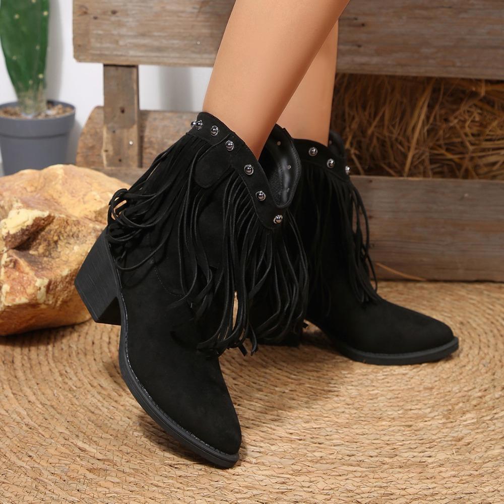Suede Tassel Western Cowboy Boots Women  Autumn Pointed Toe Vintage Rivet Ankle Boots Woman Chunky High Heels Short Boties
