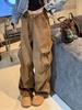 Women's Retro Brown Corduroy Wide-Leg Winter Pants with Velvet Lining