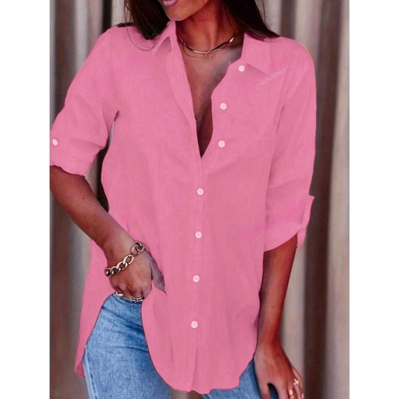 

Plus Size Loose Mid-Length Long Shirt - L 73066 Cross-Border S гарячі рожевого кольору