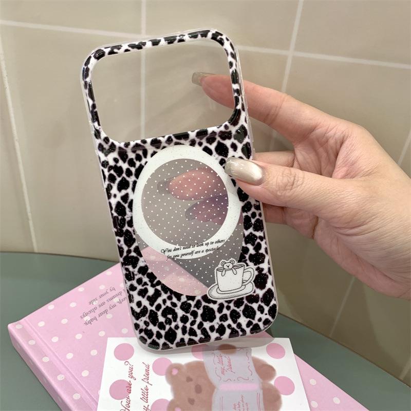Dark Leopard Print Magnetic Bear Holder for iPhone 14/15/16 Pro Max Case iPhone 14