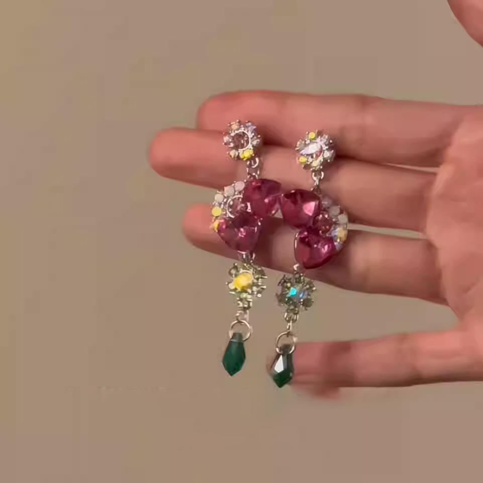 Love glass water drop fringed stud earrings fashion light luxury high-end earrings niche temperament earrings women