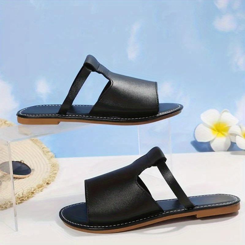 Women's Cut Out Slide Sandals, Trendy Faux Leather Flat Slide Sandals, Lightweight Slip On Outdoor Shoes