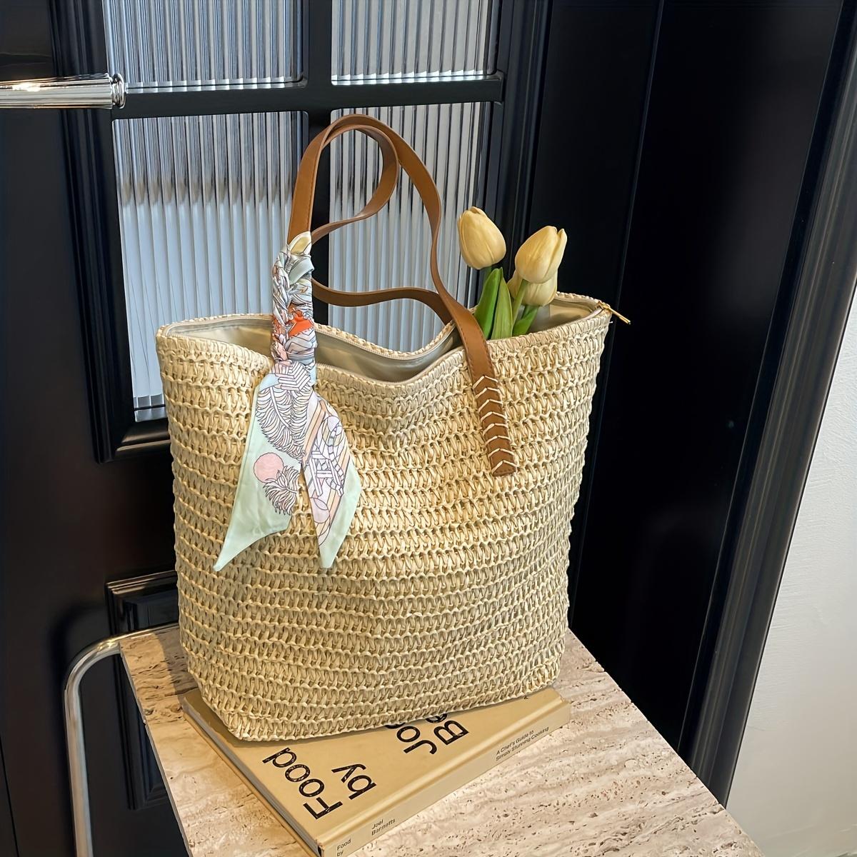 Минималистская однотонная соломенная сумка через плечо однотонная сумка для летнего отдыха с декором из шарфа бежевый 1817₽