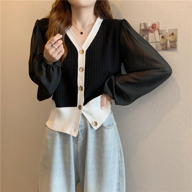 Autumn Winter Loose Casual V-neck Cardigan Sweater Women Long Sleeve Chiffon Patchwork Knitting Coat Top