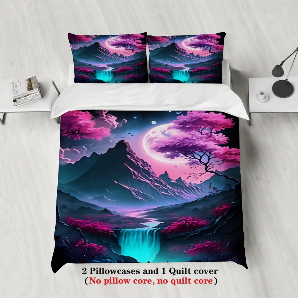 Vibrant Dreamy Mountain Bedding Set Full Purple Cherry Blossoms Comforter Cover Waterfall Moon Duvet Cover Queen King Size