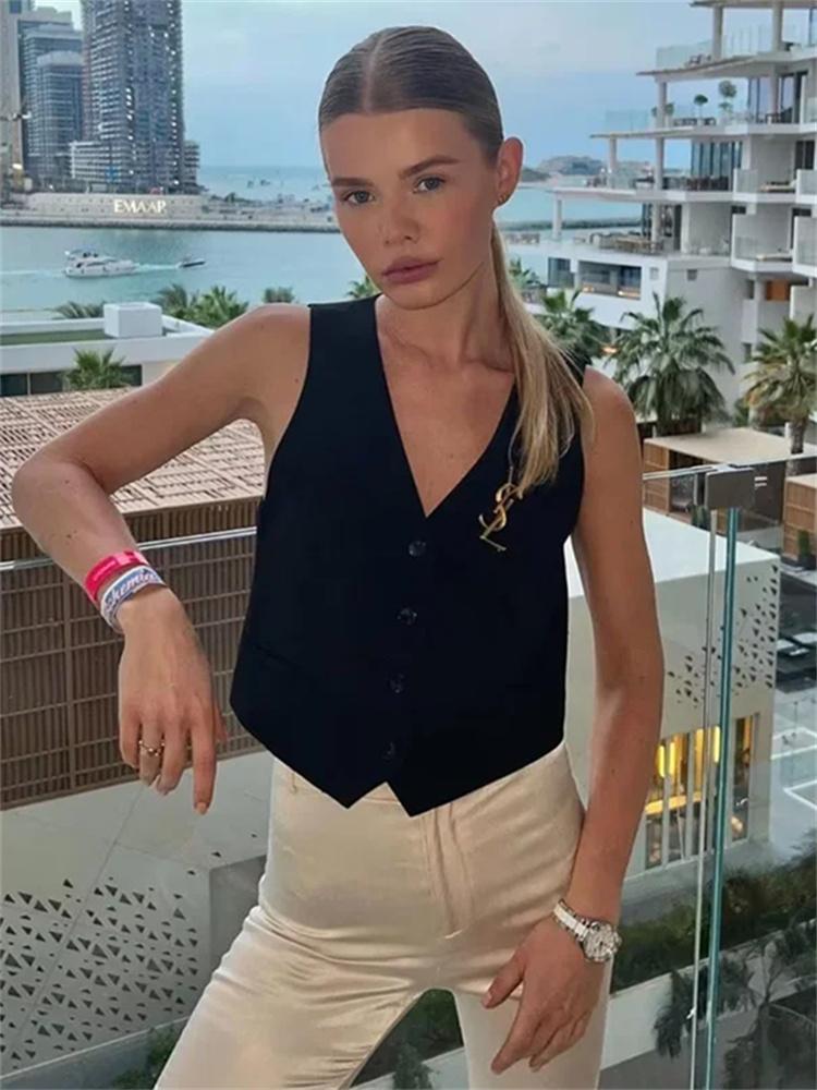 Cropped Vest Women Waistcoat Fashion Buttons Tops Vintage V Neck Sleeveless Coats Outerwear White Black Chic Jacket