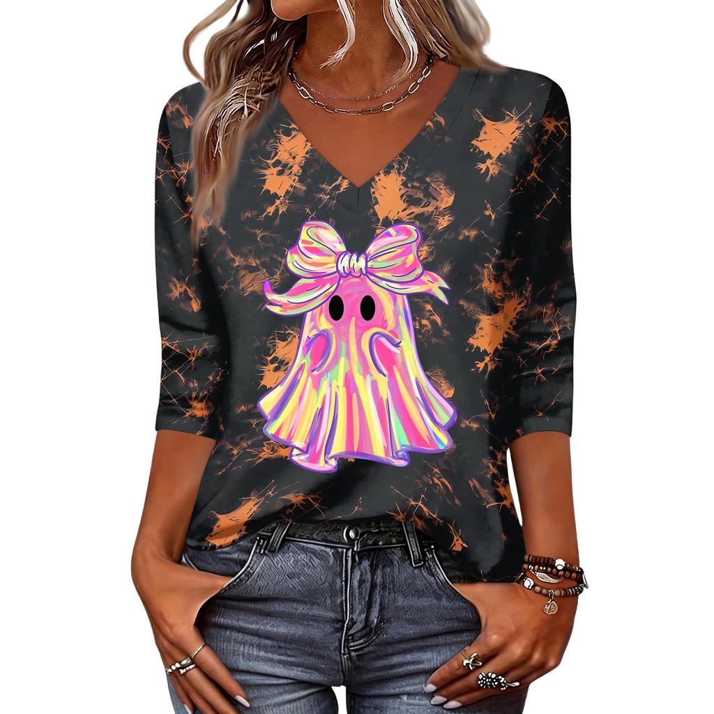 Women's Halloween Print V-Neck Three-Quarter Sleeve Top Casual Blouse for Party