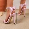 Pesstwei Summer Elegant Pink Bow High-heeled Sandals Women Fashion Buckle Strap Open Toed Sandals Wedding Party Stripper Shoes
