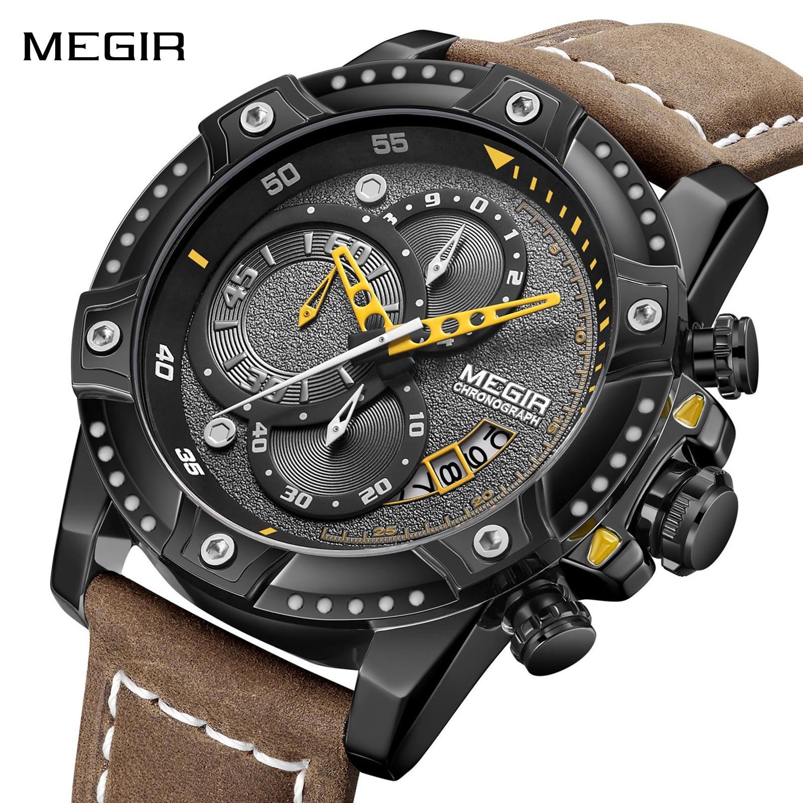 Megir Men's Black Watches Top Brand Luxury Wrist Watch Man Fashion Waterproof Chronograph Sports Watches Quartz Wristwatch Reloj Hombre