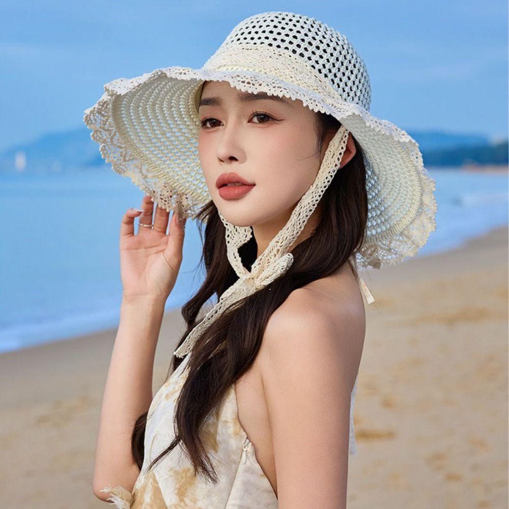 Large Brim Lace Tied Sun Hat Sunshade UV Protection Cap Elegant Women Straw Hat  Travel