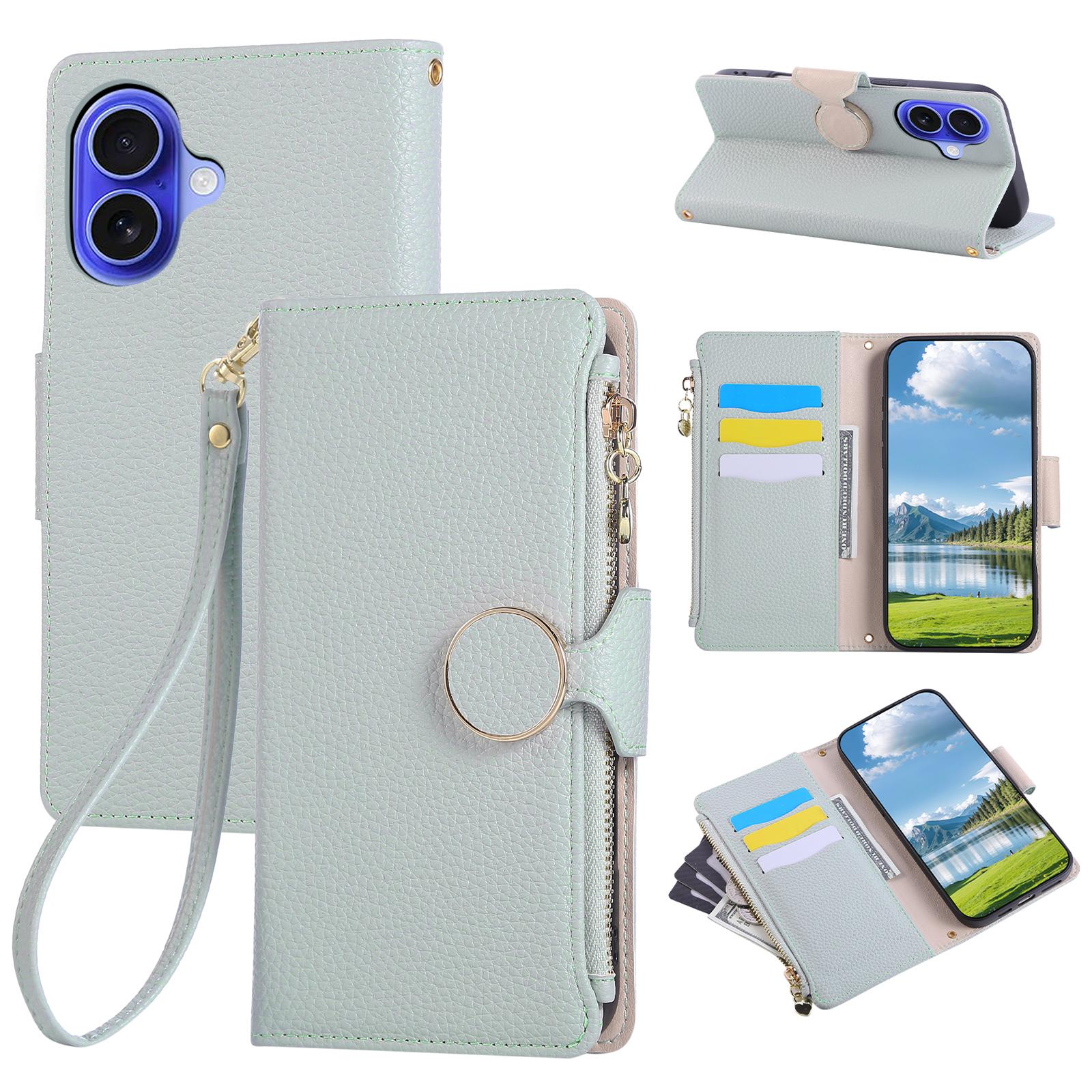 

For iPhone 17 Case Zipper Wallet Leather Phone Cover with Wrist Strap Cyan