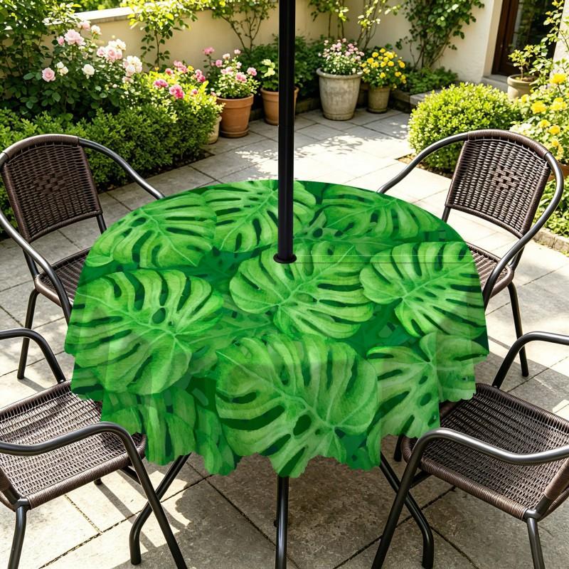 Outdoor Round Tablecloth With Umbrella Hole Waterproof Oil Resistant Floral Leaf Patio Garden Deck