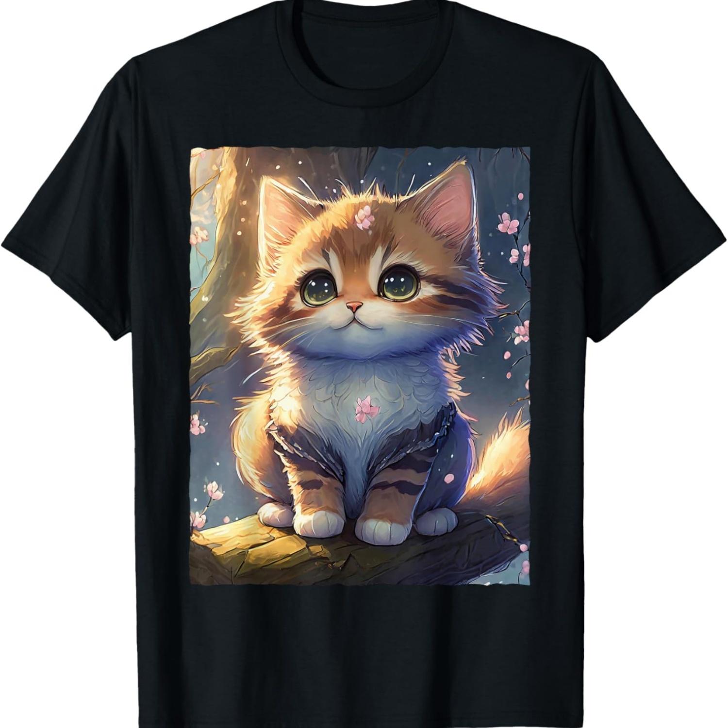 Cute Kawaii Cat with Cherry Blossom T-Shirt(2) S чёрный