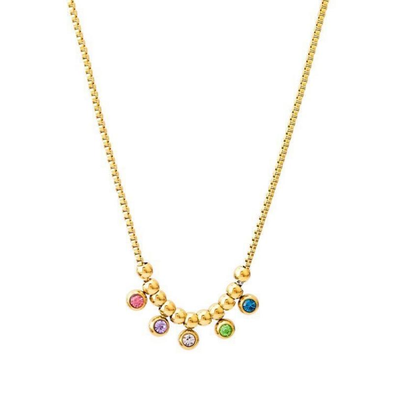 Collana a Maglia Scatolata in Acciaio Inossidabile Placcato Oro con Perline Multi-Colore in Zirconia Cubica