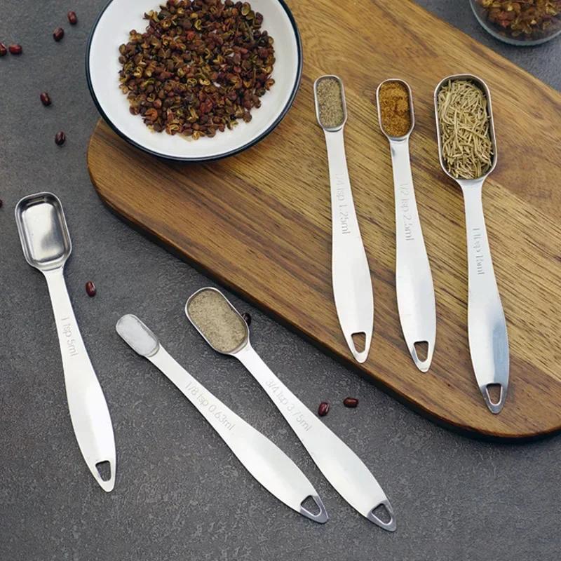 6Pcs Measuring Spoon Set Stainless Steel Kitchen Measuring Spoons Coffee Tea Sugar Spice Measure Scoop Baking Tools Accessories