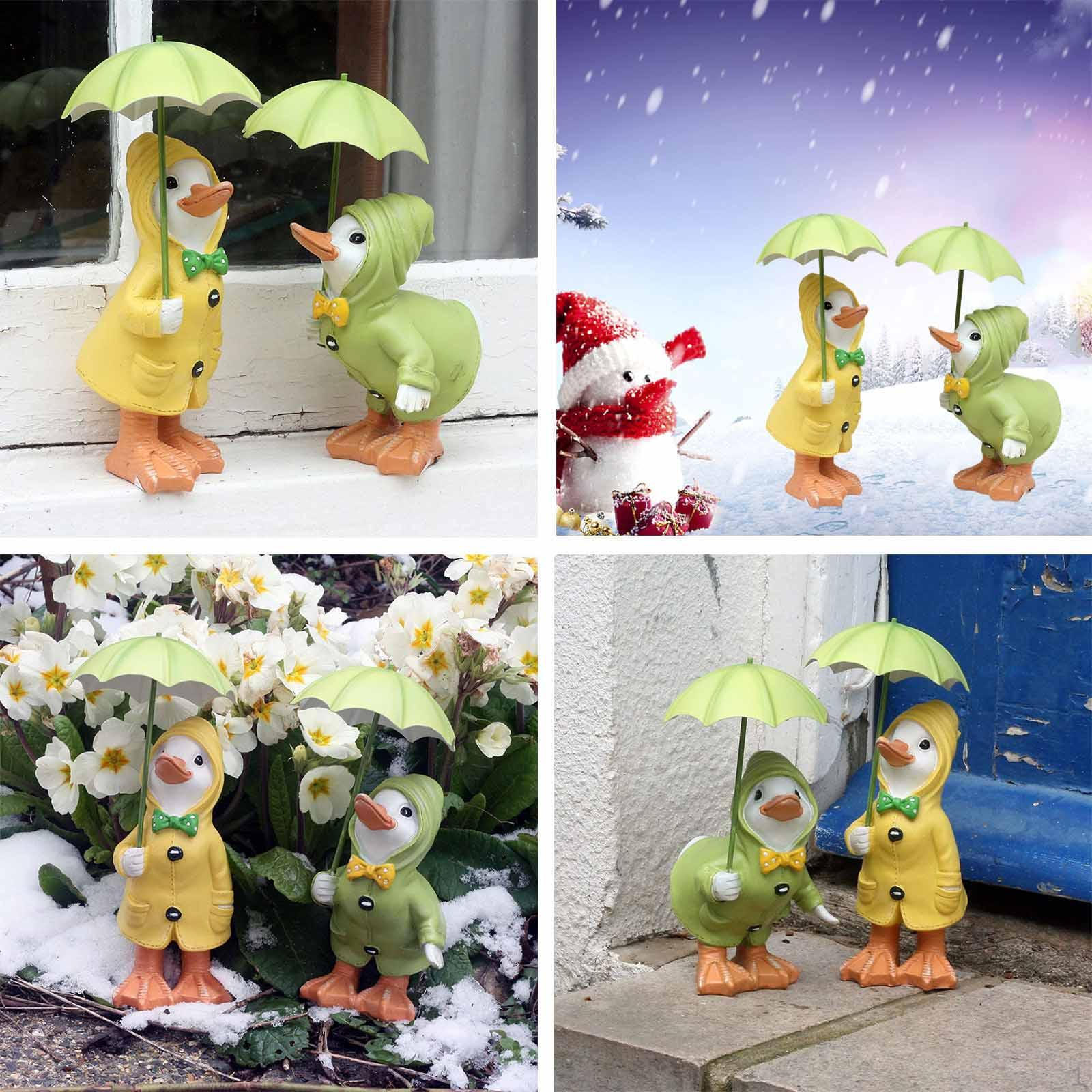 2Pcs Duck Holding Umbrella Statues Hand Painted Figures Lawn Ornaments Cafe Resin Sculptures for