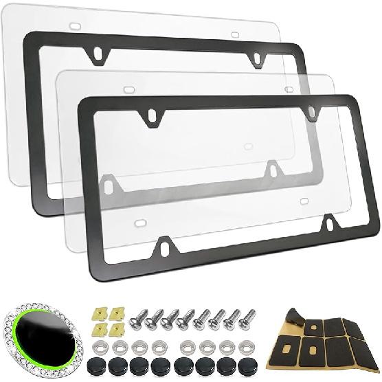 Clear License Plate Frames Covers- 2 Pack Flat Car Tag Protector And Stainless Steel Chrome Holder, Road Legal Unbreakable Acrylic Protective Shield