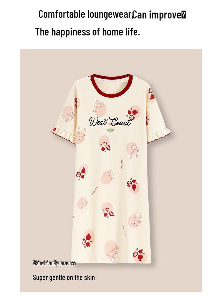 7A Women's Antibacterial Cotton Nightgown, Short Sleeve, Plus Size, Medium Length, Versatile for Outdoor Wear, Sweet Summer Home Dress