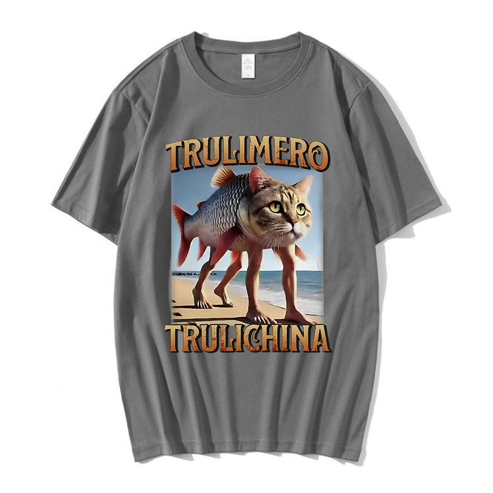 Trulimero Trulichina T-Shirt Lustige Katze Fisch Meme Italienisches Brainrot T-Shirt Männer Frauen Mode Vintage T-Shirts Lässiges Humor T-Shirt