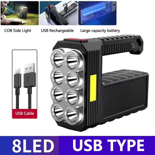 Outdoor Camping Searchlight 8LED Bulbs Solar Charging Handheld Flashlight USB Charge Portable Lamp 4 Bright Lighting Modes