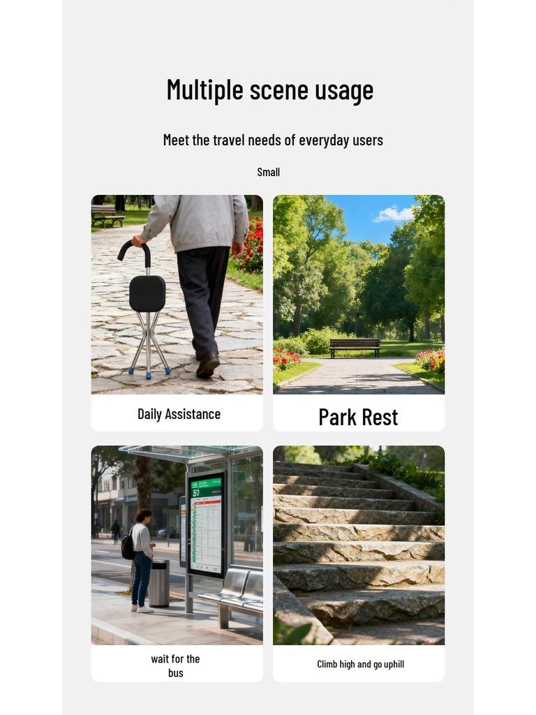 Tri-Fold Walking Cane Stool with Non-Slip Grip for Elderly & Disabled - Mountain Climbing Support