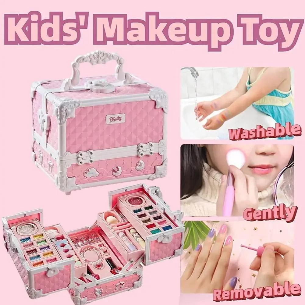 Kids Washable Makeup Kit Girl Safe Real Make Up Set For Toddler Princess Cosmetics Playing Box Birthday Gift Toy