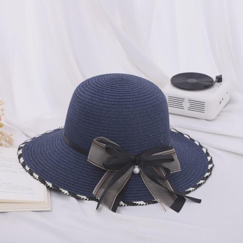

New Lightweight New Arrival Dome Big Brim Monochrome Bow Straw Hat K-style Sun Protection Sunshade out Beach Hat Tibetan youth One size