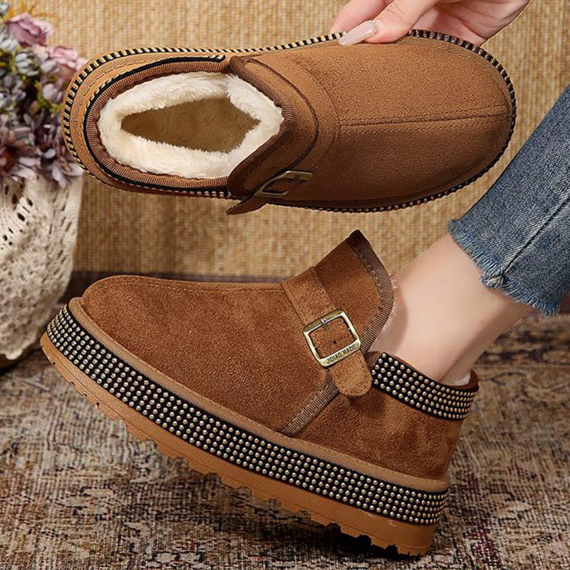 Winter Buckle Detor Ankle Boots Women Fashion Shiny Thick Bottom Snow Boots Woman Faux Suede Short Plush Warm Snow Boots Female