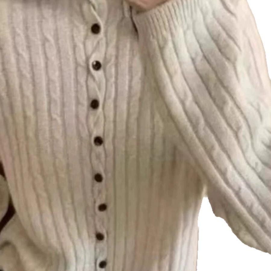 Button-Up Cable Knit Half-High Collar Sweater Cardigan