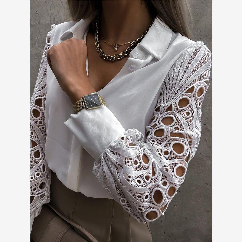 Women Black White Hollow Out Shirts Pure Color Lace Patchwork Shirt Shirt